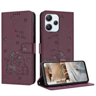 For Xiaomi Poco M6 Pro 5G Embossed Kitten Phone Leather Case with Lanyard(Wine Red)