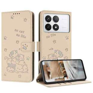 For Xiaomi Poco F6 Pro 5G Embossed Kitten Phone Leather Case with Lanyard(Beige)