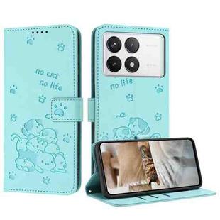 For Xiaomi Poco F6 Pro 5G Embossed Kitten Phone Leather Case with Lanyard(Mint Green)