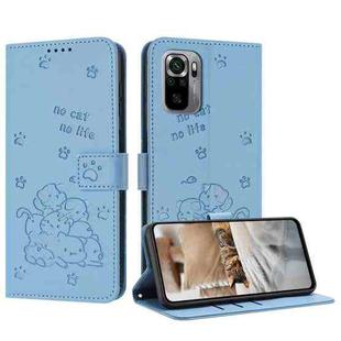 For Xiaomi Poco M5s 4G Global Embossed Kitten Phone Leather Case with Lanyard(Blue)