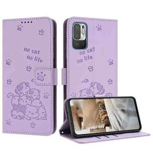 For Xiaomi Poco M3 Pro 5G Embossed Kitten Phone Leather Case with Lanyard(Purple)