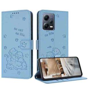 For Xiaomi Poco X5 5G Embossed Kitten Phone Leather Case with Lanyard(Blue)