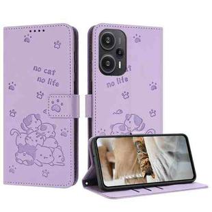 For Xiaomi Poco F5 Embossed Kitten Phone Leather Case with Lanyard(Purple)