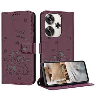 For Xiaomi Poco F6 Embossed Kitten Phone Leather Case with Lanyard(Wine Red)