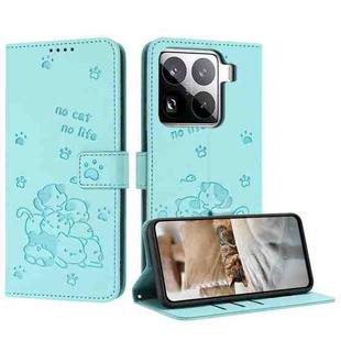 For Xiaomi 15 Pro Embossed Kitten Phone Leather Case with Lanyard(Mint Green)