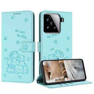 For Xiaomi 15 Embossed Kitten Phone Leather Case with Lanyard(Mint Green)