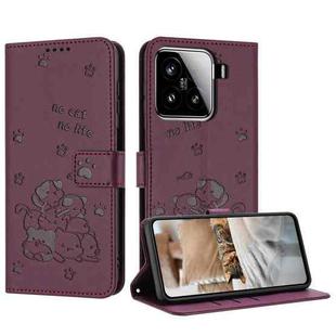 For Xiaomi 15 Embossed Kitten Phone Leather Case with Lanyard(Wine Red)