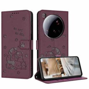 For Xiaomi 15 Ultra Embossed Kitten Phone Leather Case with Lanyard(Wine Red)