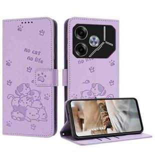 For Tecno Pova 6 Pro / Pova 6 5G Embossed Kitten Phone Leather Case with Lanyard(Purple)