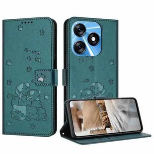 For Tecno Spark 10 4G / Spark 10C Embossed Kitten Phone Leather Case with Lanyard(Dark Green)