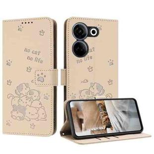 For Tecno Camon 20 Pro 4G / Camon 20 Embossed Kitten Phone Leather Case with Lanyard(Beige)