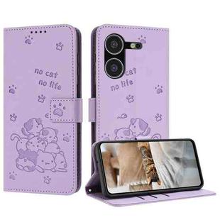 For Tecno Pova 5 Embossed Kitten Phone Leather Case with Lanyard(Purple)