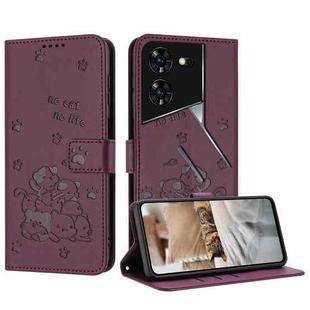 For Tecno Pova 5 Pro Embossed Kitten Phone Leather Case with Lanyard(Wine Red)