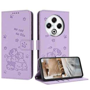 For Tecno Spark 30 4G Embossed Kitten Phone Leather Case with Lanyard(Purple)