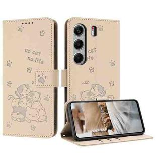 For Tecno Camon 40 4G Embossed Kitten Phone Leather Case with Lanyard(Beige)