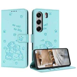 For Tecno Camon 40 4G Embossed Kitten Phone Leather Case with Lanyard(Mint Green)