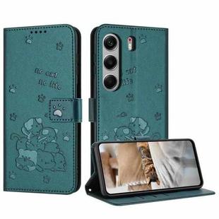For Tecno Camon 40 4G Embossed Kitten Phone Leather Case with Lanyard(Dark Green)
