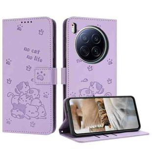 For Tecno Camon 40 Premier Embossed Kitten Phone Leather Case with Lanyard(Purple)