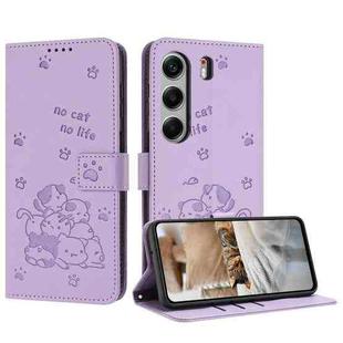 For Tecno Camon 40 Pro 5G Embossed Kitten Phone Leather Case with Lanyard(Purple)