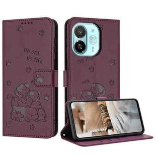 For Tecno Spark 30C 5G / Pop 9 5G Embossed Kitten Phone Leather Case with Lanyard(Wine Red)