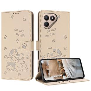 For Tecno Pova 7 4G Embossed Kitten Phone Leather Case with Lanyard(Beige)