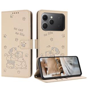 For Tecno Spark 40 4G Embossed Kitten Phone Leather Case with Lanyard(Beige)