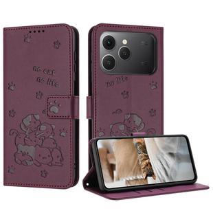 For Tecno Spark 40 4G Embossed Kitten Phone Leather Case with Lanyard(Wine Red)