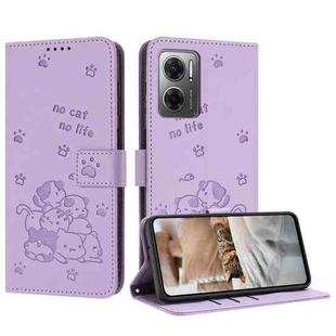 For Redmi 10 5G / Note 11E 5G Embossed Kitten Phone Leather Case with Lanyard(Purple)