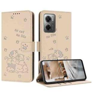 For Redmi 10 5G / Note 11E 5G Embossed Kitten Phone Leather Case with Lanyard(Beige)