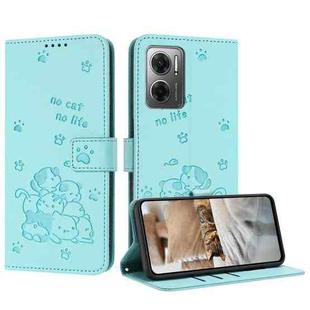 For Redmi 10 5G / Note 11E 5G Embossed Kitten Phone Leather Case with Lanyard(Mint Green)