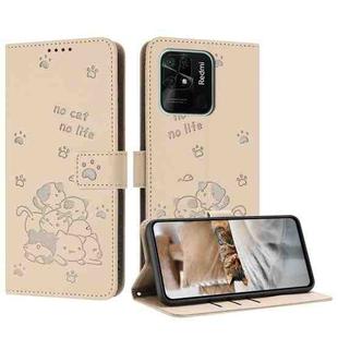 For Redmi 10C 4G Global Embossed Kitten Phone Leather Case with Lanyard(Beige)