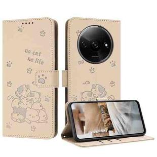 For Redmi A3 4G Global / A3x 4G Embossed Kitten Phone Leather Case with Lanyard(Beige)