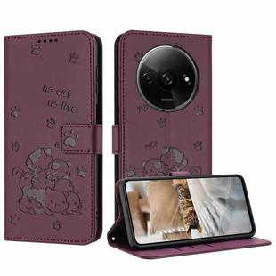 For Redmi A3 4G Global / A3x 4G Embossed Kitten Phone Leather Case with Lanyard(Wine Red)