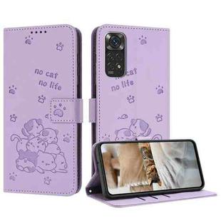 For Redmi Note 12S 4G Global Embossed Kitten Phone Leather Case with Lanyard(Purple)