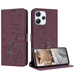 For Redmi 12 4G / Note 12R Embossed Kitten Phone Leather Case with Lanyard(Wine Red)