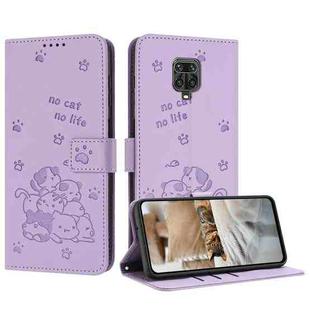 For Redmi Note 10 Lite Embossed Kitten Phone Leather Case with Lanyard(Purple)