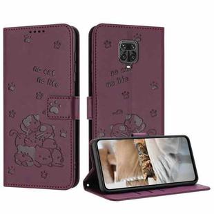 For Redmi Note 10 Lite Embossed Kitten Phone Leather Case with Lanyard(Wine Red)