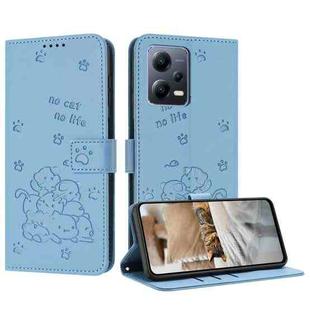 For Redmi Note 12 5G Global Embossed Kitten Phone Leather Case with Lanyard(Blue)