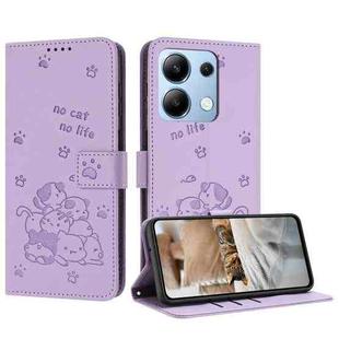 For Redmi Note 13 4G Global Embossed Kitten Phone Leather Case with Lanyard(Purple)