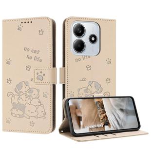 For Redmi Note 14 4G 163.25mm Embossed Kitten Phone Leather Case with Lanyard(Beige)
