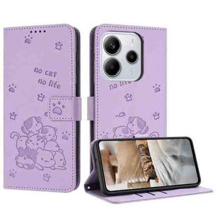 For Redmi Note 14 4G 164.84mm Embossed Kitten Phone Leather Case with Lanyard(Purple)