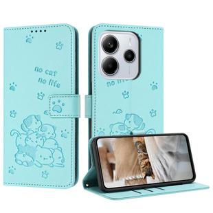 For Redmi Note 14 4G 164.84mm Embossed Kitten Phone Leather Case with Lanyard(Mint Green)