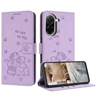 For Redmi A5 4G 171.7mm / Poco C71 Embossed Kitten Phone Leather Case with Lanyard(Purple)