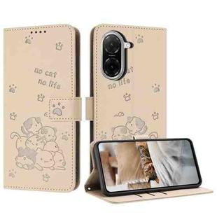 For Redmi A5 4G 171.7mm / Poco C71 Embossed Kitten Phone Leather Case with Lanyard(Beige)