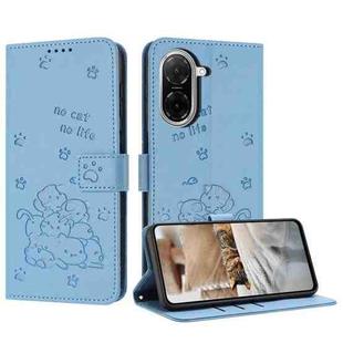 For Redmi A5 4G 171.7mm / Poco C71 Embossed Kitten Phone Leather Case with Lanyard(Blue)