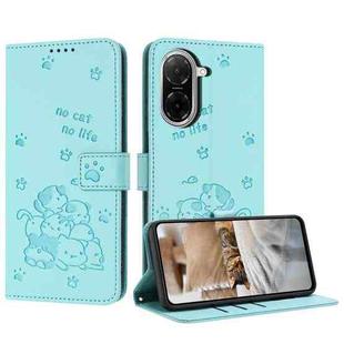 For Redmi A5 4G 171.7mm / Poco C71 Embossed Kitten Phone Leather Case with Lanyard(Mint Green)
