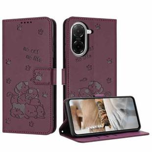 For Redmi A5 4G 171.7mm / Poco C71 Embossed Kitten Phone Leather Case with Lanyard(Wine Red)