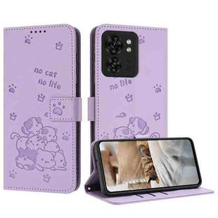 For Motorola Edge 40 Embossed Kitten Phone Leather Case with Lanyard(Purple)