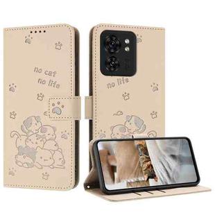 For Motorola Edge 40 Embossed Kitten Phone Leather Case with Lanyard(Beige)