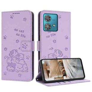 For Motorola Edge 40 Neo Embossed Kitten Phone Leather Case with Lanyard(Purple)